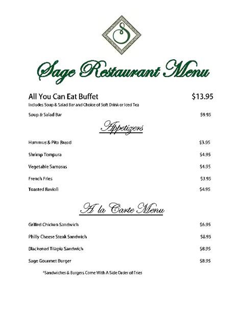 Sage Restaurant Menu .